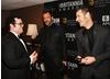 Southpark creators Trey Parker and Matt Stone keep the jokes coming backstage at the Britannias with Josh Gad.