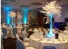Feather table displays add a fourish of fun to this dinner-dance party