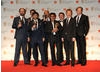 Presenter Paul Bettany (l) with the Senna team Asif Kapadia, James Gay-Rees, Eric Fellner, Tim Bevan and Manish Pandey.