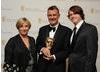 BAFTA-winning writer Peter Bowker with Eric And Ernie exec producer Victoria Wood and star Daniel Rigby. (Pic: BAFTA/Chris Sharp)