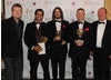 Charlie Booker and Ian Livingstone presented the Artistic Achievement Award to Kareem Ettouney, Mark Healey and Leo Cubbin for LittleBigPlanet (BAFTA / James Kennedy). 
