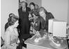 The Queen inspects a steenbeck in one of the viewing rooms at 195 Picadilly at the 1976 opening.