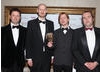 Presenters Matt Allwright and Jon Hare with winners Stefan Strandberg and colleague, whose dramatic, powerful work won the Use of Audio trophy. (Pic: BAFTA/Steve Butler)