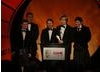 First time game creators Vykintas Kazdailis, Andrew Macdonald, Michael cummings, Jacek Wernikowski and Stuart Kemp gather on stage to accept the BAFTA Ones to Watch Award in Association with DARE to be Digital for Shrunk! (BAFTA/Brian Ritchie)