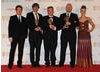 Presenters Toby Stephens and Miranda Raison with winners Tim Kirkey, Stewart Lee and Richard Webb.