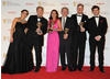 The team behind Borgen, including Adam Price, Sidse Babett Knuden, Kragh-Jacobsen and Jeppe Gjervig Gram, celebrate their win in the International category alongside presenters Vicky McClure and Sam Claflin.