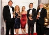 Paul Hamblin, Abdre Schmidt, Catherine Hodgson and Bosse Persson celebrate their Sound Fiction BAFTA for Wallander with award presenter Joanne Froggatt.