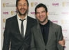 Chris O'Dowd and Miles Jacobson backstage after presenting the Use of Online BAFTA to FIFA 10.