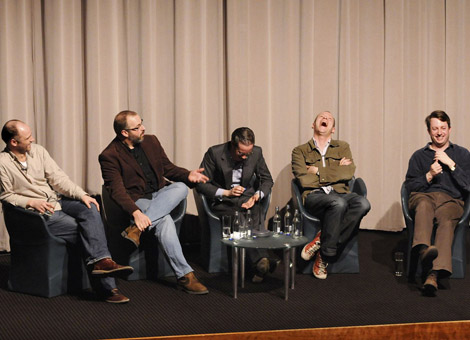 Peep show writers Jesse Armstrong and Sam Bain with Andrew Newman, Robert Webb and David Mitchell.