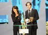 Claudia Winkleman and Dan Stevens onstage at the British Academy Television Awards. 