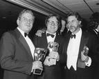 JEREMY ISAACS winner of the 1985 FELLOWSHIP, ALAN PARKER (with ALAN MARSHALL) winner of the 1984 MICHAEL BALCON Award and DAVID PUTTNAM winner of the 1984 FILM Award for THE KILLING FIELDS (1984) at the Awards Ceremony in 1985