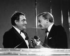 CLAUDE LANZMANN winner of the 1986 FLAHERTY DOCUMENTARY Award for SHOAH (1986) presented by SIR DAVID ATTENBOROUGH (citation reader) at the Awards Ceremony in 1987