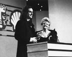 DANIEL DAY-LEWIS winner of the 1989 ACTOR IN A LEADING ROLE Award for his performance in MY LEFT FOOT (1989) with ANGELA LANSBURY (citation reader) at the Awards Ceremony in 1990