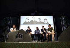 July 18: The Inbetweeners cast members line up on stage in the Latitude Film tent (Picture: Jonathan Birch)