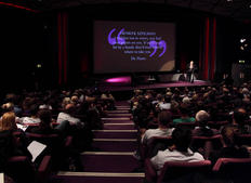 An Audience sits down for the lecture with scriptwriter Sir Ronald Harwood. (Photography: Jay Brooks)