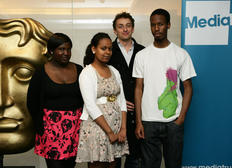 BAFTA Mentor Stewart Harcourt (second right) with young filmmakers Remi, Solyanna and Oushka from LIVE Futures.