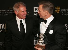 Actors Harrison Ford and Daniel Craig together backstage at the 2012 Britannia Awards.
