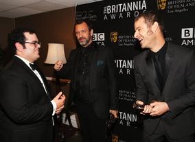 Southpark creators Trey Parker and Matt Stone keep the jokes coming backstage at the Britannias with Josh Gad.