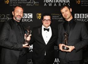 Trey Parker (left) and Matt Stone (right) received the Charlie Chaplin Britannia Award for Excellence in Comedy, presented by Josh Gad (centre).