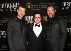 Matt Stone, Josh Gad and Trey Parker. The South Park creators received the Charlie Chaplin Britannia Award for Excellence in Comedy, presented by Gad.