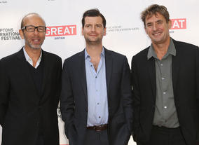BAFTA New York Board Member Luke Parker Bowles with honorees Eric Fellner and Tim Bevan at the 21st Annual Hamptons International Film Festival on October 12, 2013 in East Hampton, New York. (Photo by Monica Schipper/Getty Images for The Hamptons International Film Festival)