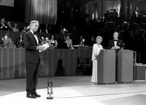 David Lean, Petula Clark and Eamonn Andrews at the Film and Television Awards at the Royal Albert Hall, 6 March 1974.