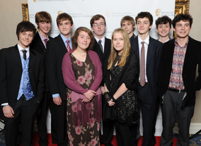 From Left-Right; Tyger Drew-Honey (BAFTA YGD Ambassador), Laurie Griffiths, Fred Gosling and Molly Proud of Team Chamelion Arch, Joe Hanaphy, Rachel Langford and Matthew Langford of Team Defying Gravity and Nathaniel Weisberg, Noah Shepherd and Louis Scantlebury of Team Nose Dive Studios.