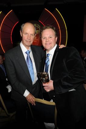 Brian Cant with Justin Fletcher (winner of the Presenter award) at the EA British Academy Children's Awards ceremony in 2010. Pic: BAFTA/Steve Finn