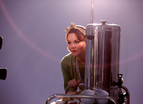 Eastenders actress and I'm a Celebrity winner Charlie Brooks becomes a tea lady for the shoot.