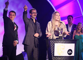 Jane Laffey, Greg Villabobs and Martin Orton celebrate their Short Form BAFTA for See Something, Say Something.
