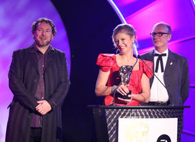 Lucy Goodman and Ian Emes celebrate as CiTV's Bookaboo is crowned top dog in the Pre-School Live Action category.