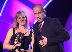 Philip Hunt and Sue Goffe celebrate their BAFTA win for penguin-based animation Lost and Found.