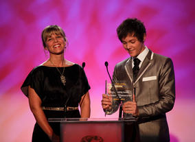 Tyger Drew Honey, star of Outnumbered and BAFTA Young Game Designers ambassador, presents the Game-making Award with Maria Stukoff of Sony.