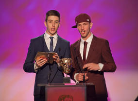 Britain's Got Talent finalists and Olympic Torch Relay performers Twist & Pulse present the award for Learning - Secondary.