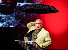 Colin Arthur using unconventional props to talk about memories of working with Ray  (BAFTA/Brian J Ritchie).