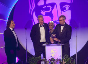 The winning team of the Editing Factual Award, for Frozen Planet (To The Ends Of The Earth) with food writer and star of Great British Bake Off Mary Berry.