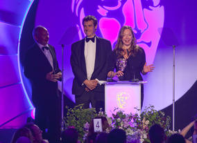 Tim Owens, Graham Wild and Kate Hopkins celebrate their win in the Sound: Factual category 
