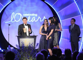 BBC Sport representatives Cara Speller, Jonathan Bramley and Rebekah Kipps collected a BAFTA for the titles to Olympics 2008 (BAFTA / Richard Kendal).