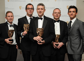 The winning team behind The Million Pound Drop Live with presenter Jonathan Bailey. (Pic: BAFTA/Chris Sharp)