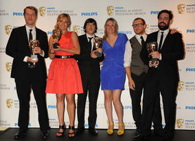 Karen Heldoorn, Colin Hunter, Nick Cohen and Dan Efergan from Aardman Digital won the New Media award for Wallace and Gromit’s World of Invention. (Pic: BAFTA/Richard Kendal)