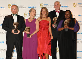 Jezza Neumann and Xoliswa Sithole accepted the Current Affairs BAFTA for Zimbabwe’s Forgotten Children, along with Brian Woods and Deborah Shipley. The BAFTA was presented by Tracey Emin. (Pic: BAFTA/Richard Kendal)