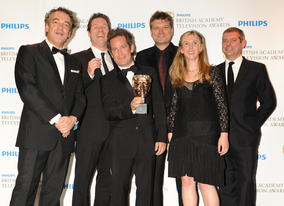 The BAFTA for Situation Comedy was presented to Kenton Allen, James Wood, Peter Cattaneo and Hannah Pescod and Tom Hollander by Bradley Walsh. (Pic: BAFTA/Richard Kendal)
