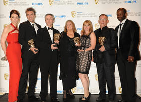The Road To Coronation Street, which tells the story of the first ever British soap opera, took the Single Drama prize. Kieran Roberts, Charles Sturridge, Rebecca Hodgson, Daran Little and Lynda Barron accepted the award from presenters Olivia Williams and Adrian Lester. (Pic: BAFTA/Richard Kendal)