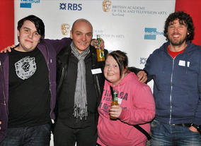 BAFTA Mentor Alan de Pellette (second left) with young people and a youth worker from Fairbridge in Glasgow.