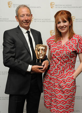 The IT Crowd's Katherine Parkinson with Tony Prescott, who won a BAFTA for directing the live episode of Coronation Street. (Pic: BAFTA/Chris Sharp)