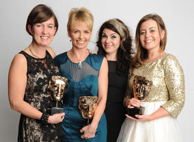 Writer Caitlin Moran presented the Factual BAFTA to the team behind My Life: Me, My Dad and His Kidney: Rachael Smith, Cat Lewis and Helen Tither.