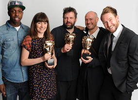 Presenter Jamal Edwards with the winning Interactive team for Nightmare High - Jo Roach, Tassos Stevens and Paul Bennun - plus Jim Holmes.