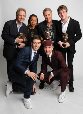 Britain's Got Talent stars Twist & Pulse who presented the Learning - Secondary BAFTA to John White, Derek Brown and David Watson of L8R Youngers 2, plus Josephine Melville.