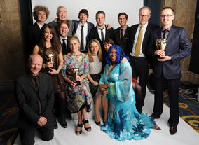 Presenter Sarah Alexander (centre) with the winning team behind Horrible Histories, including Imogen Cooper, Mike Holliday and Mel Proud.