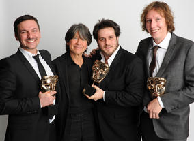 Presenter Anthony Browne with the winning Gumball writers: Ben Bocquelet, James Lamont and Jon Foster.